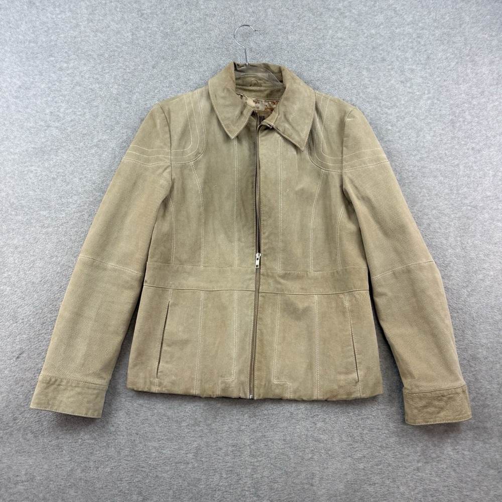Wilsons Leather Suede Jacket Women's L‎ Tan Taupe Zip Front Fitted Vintage Y2K